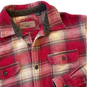 Orvis Men's Plaid Heavy Flannel Shirt Jacket Size Medium Red Tan Button-Up